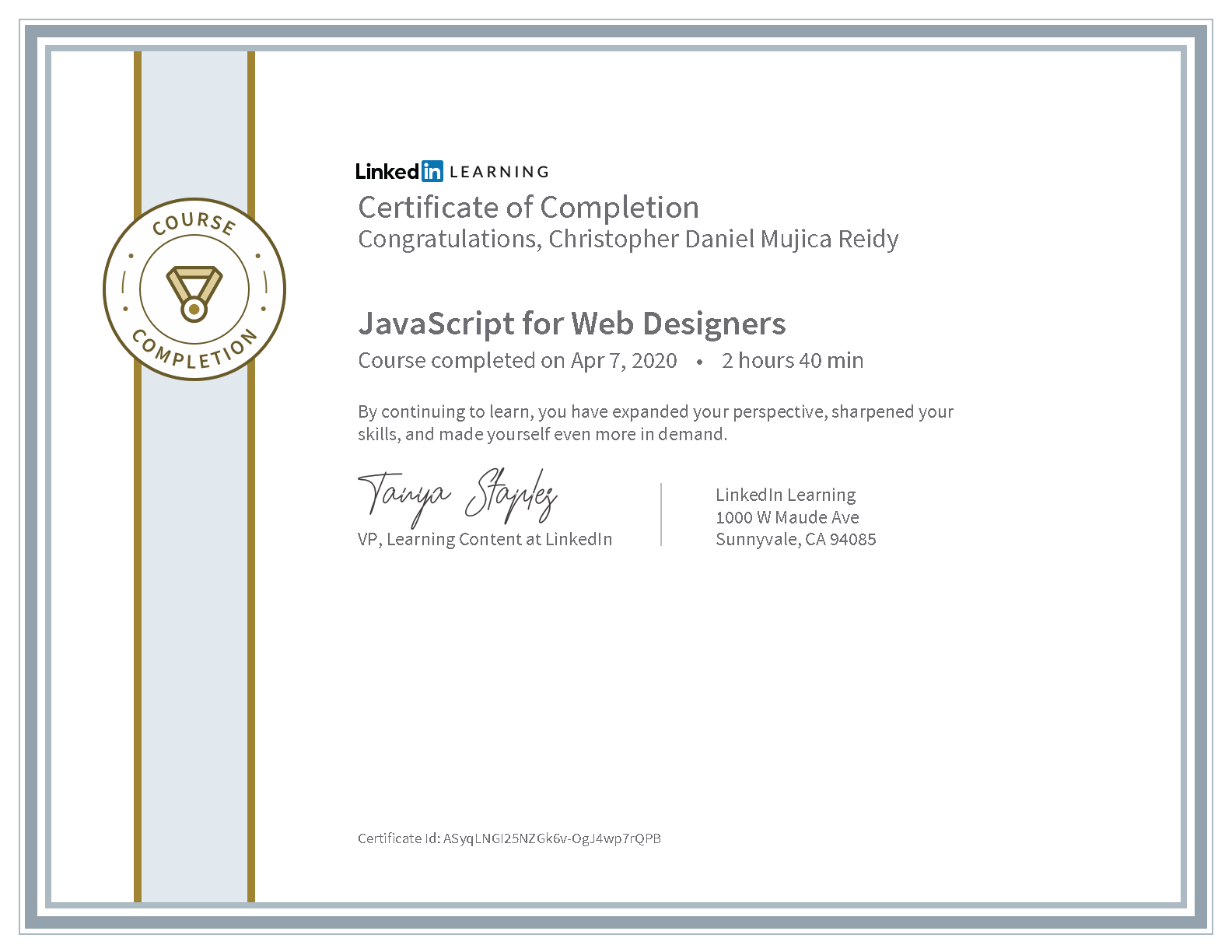 JavaScript for Designers Certificate